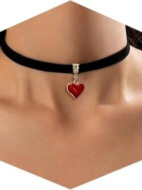 Black Velvet Choker with Red Heart Goth Punk Rock Necklace